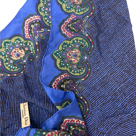 Dior Accessories - Dior Blue and Black Patterned Silk Scarf with Floral Accents